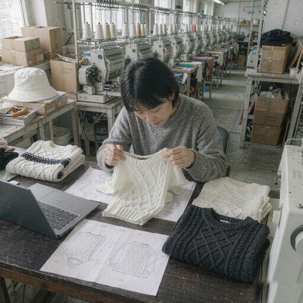 Sample development workspace at JIANCHI knitwear factory
