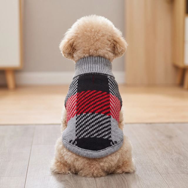 JIANCHI Grey Red Plaid Knitted Dog Sweater Cozy Pet Apparel Custom Size Color Small MOQ Knitwear Direct Factory CW26031
