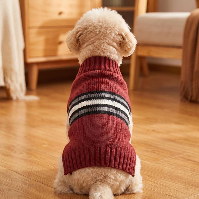 JIANCHI Burgundy Varsity Stripe Dog Sweater for Small Dogs Winter Warm Custom Logo OEM ODM Pet Clothes Manufacturer CW26047