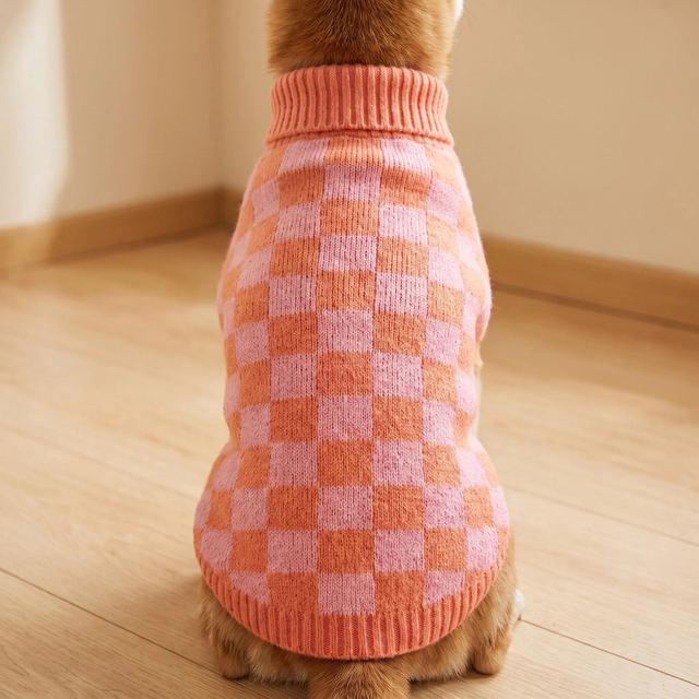 JIANCHI Pink Orange Checkered Knit Dog Sweater for Small Dogs Winter Warm Custom Logo OEM ODM Pet Clothes Manufacturer CW26059