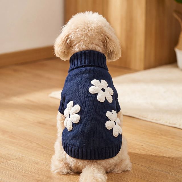 JIANCHI Navy Daisy Flower Knit Dog Sweater for Small Dogs Winter Warm Custom Logo OEM ODM Pet Clothes Manufacturer CW26060