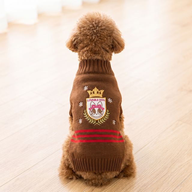 JIANCHI Brown Crest Embroidered Dog Sweater for Small Dogs Winter Warm Custom Logo OEM ODM Pet Clothes Manufacturer CW26062