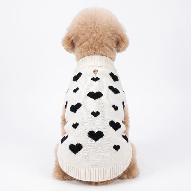 JIANCHI White Black Heart Print Knit Dog Sweater Cozy Pet Apparel Custom Size Color Small MOQ Knitwear Direct Factory CW26067