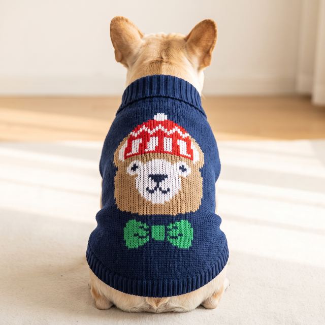 JIANCHI Navy Teddy Bear Bowtie Dog Sweater for Small Dogs Winter Warm Custom Logo OEM ODM Pet Clothes Manufacturer CW26074