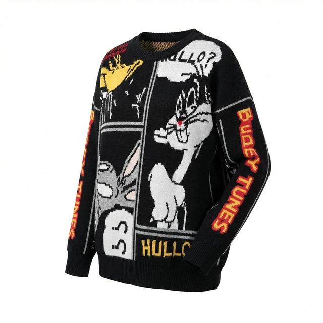 JIANCHI Comic Strip Jacquard Knit Sweater Women Fashion Loose Fit Private Label Custom Color Small MOQ Factory LK22011