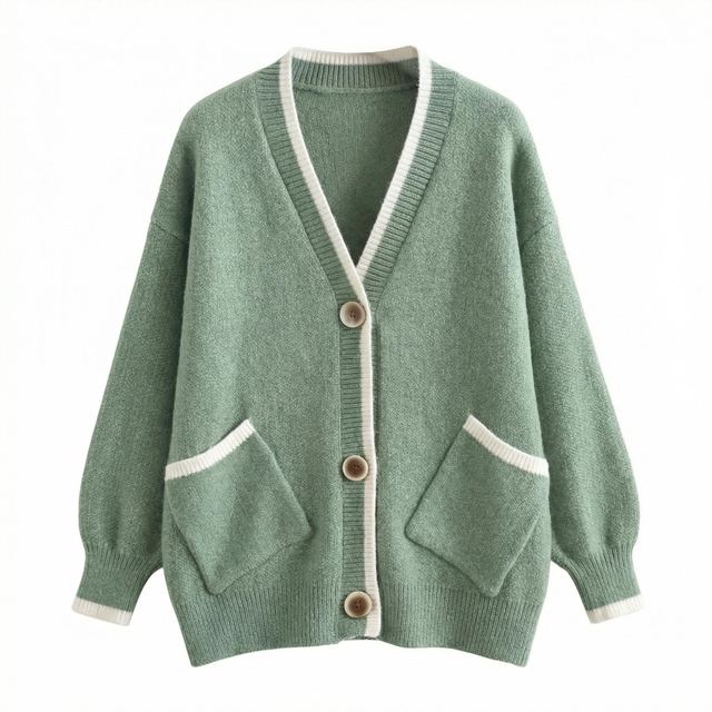 JIANCHI Contrast Trim V-Neck Knit Cardigan for Women Winter Warm Casual Wear Custom Logo OEM ODM Manufacturer LK22016