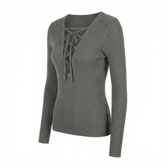JIANCHI Lace-Up Ribbed V-Neck Knit Sweater Women Fashion Loose Fit Private Label Custom Color Small MOQ Factory LK22017