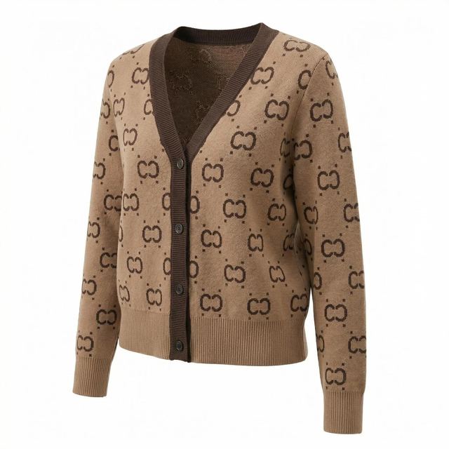 JIANCHI Monogram Jacquard V-Neck Knit Cardigan Women Fashion Loose Fit Private Label Custom Color Small MOQ Factory LK22041