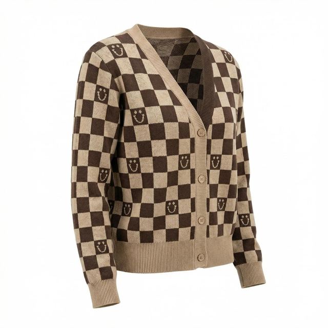 JIANCHI Checkerboard Smiley Jacquard Knit Cardigan Ladies New Design Knitwear Custom Size Logo Service Direct Factory LK22042