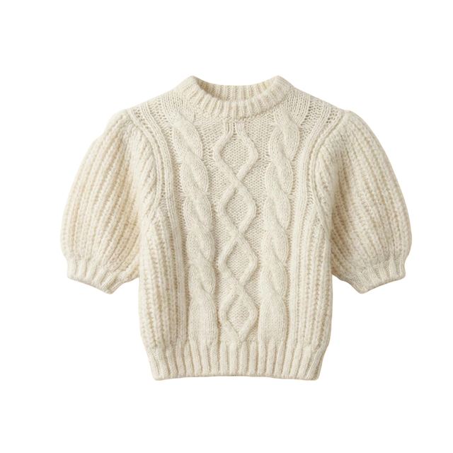 JIANCHI Cream Cable Knit Puff Short Sleeve Crew Neck Sweater Women Fashion Loose Fit Private Label Custom Color Small MOQ Factory LK23001