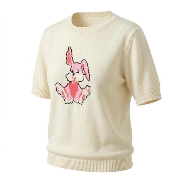 JIANCHI Cream Rabbit Intarsia Crew Neck Short Sleeve Knit Sweater for Women Winter Warm Casual Wear Custom Logo OEM ODM Manufacturer LK23003