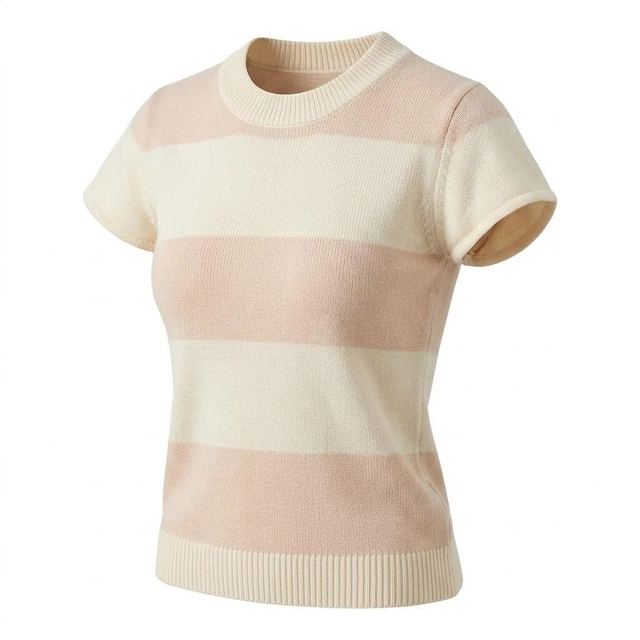 JIANCHI Pink Cream Colorblock Stripe Crew Neck Short Sleeve Sweater Women Fashion Loose Fit Private Label Custom Color Small MOQ Factory LK23007