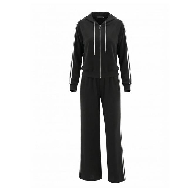 JIANCHI Black Zip Hooded Striped Two Piece Knit Track Set Ladies New Design Knitwear Custom Size Logo Service Direct Factory LK23011