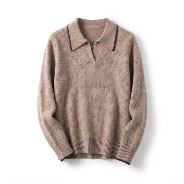 JIANCHI Mauve Textured Contrast Collar V Neck Long Sleeve Sweater for Women Winter Warm Casual Wear Custom Logo OEM ODM Manufacturer LK23012