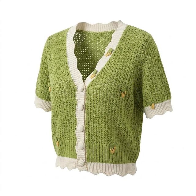 JIANCHI Green Pointelle V Neck Button Front Short Sleeve Cardigan for Women Winter Warm Casual Wear Custom Logo OEM ODM Manufacturer LK23015