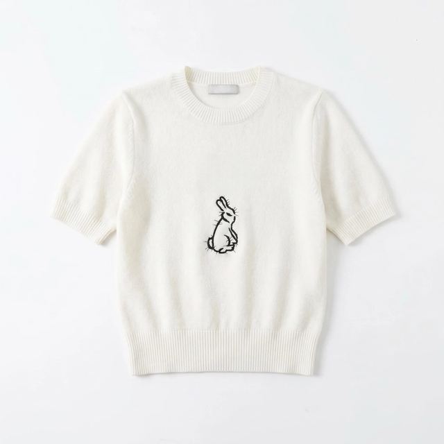 JIANCHI White Rabbit Embroidered Crew Neck Short Sleeve Knit Sweater Women Fashion Loose Fit Private Label Custom Color Small MOQ LK23016