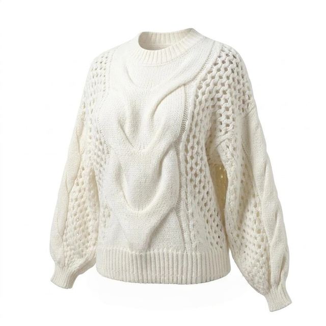JIANCHI White Cable Knit Openwork Balloon Sleeve Crew Neck Sweater Ladies New Design Knitwear Custom Size Logo Service Direct Factory LK23020