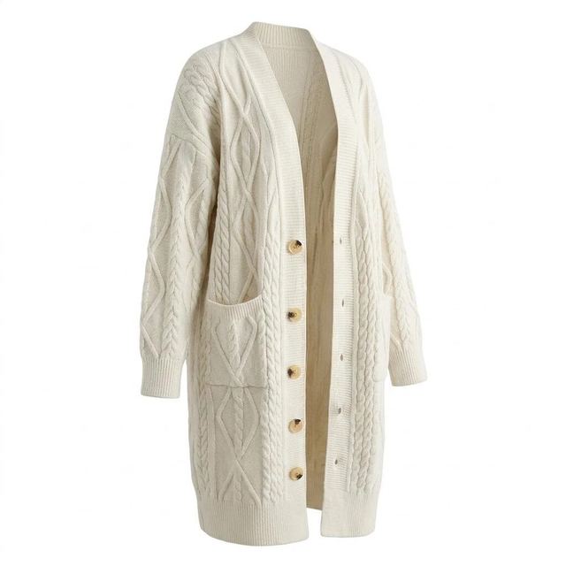 JIANCHI Cream Cable Knit Long Cardigan V Neck Button Front with Pockets Women Fashion Loose Fit Private Label Custom Color Small MOQ LK23025