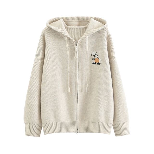 JIANCHI Beige Zip Up Hooded Knit Cardigan with Rabbit Embroidery Ladies New Design Knitwear Custom Size Logo Service Direct Factory LK23026