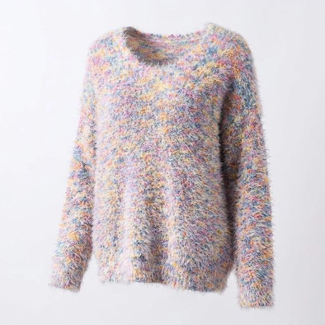 JIANCHI Multicolor Fuzzy Crew Neck Oversized Pullover Sweater Women Fashion Loose Fit Private Label Custom Color Small MOQ Factory LK23028