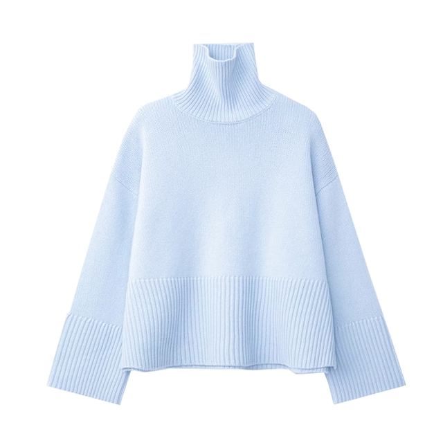 JIANCHI Light Blue Turtleneck Oversized Pullover Sweater with Ribbed Hem Ladies New Design Knitwear Custom Size Logo Service Direct LK23029