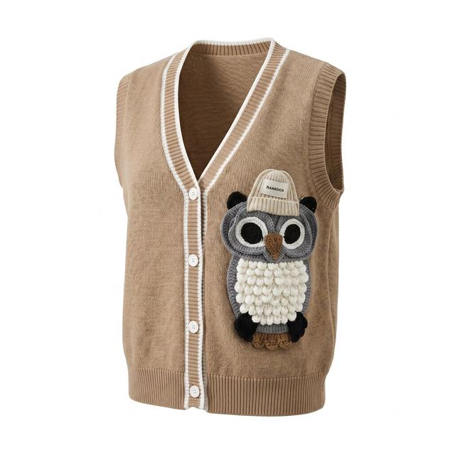 JIANCHI Camel V Neck Button Up Knit Vest with Owl Applique Women Fashion Loose Fit Private Label Custom Color Small MOQ Factory LK23031