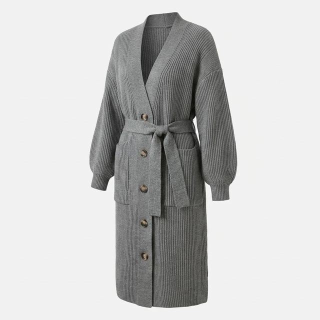 JIANCHI Gray Ribbed Longline Cardigan with Buttons and Tie Belt for Women Winter Warm Casual Wear Custom Logo OEM ODM Manufacturer LK23039