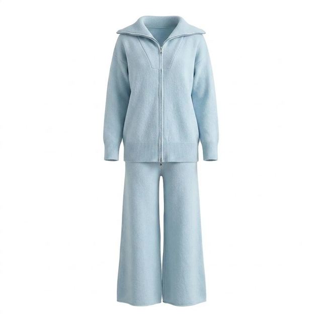 JIANCHI Light Blue Zip Up Cardigan and Wide Leg Pants Knit Set Ladies New Design Knitwear Custom Size Logo Service Direct Factory LK23041
