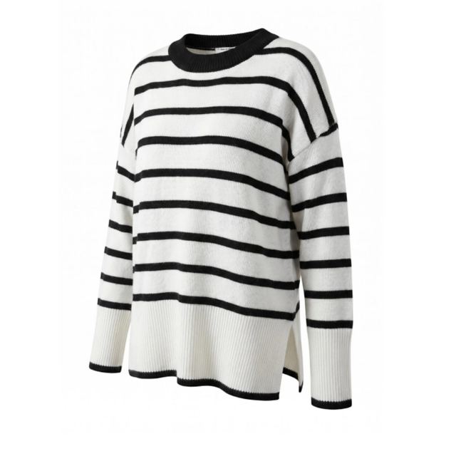 JIANCHI Black and White Striped Crew Neck Oversized Pullover Sweater Ladies New Design Knitwear Custom Size Logo Service Direct Factory LK23044