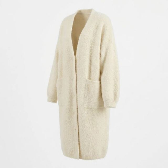 JIANCHI Cream Fuzzy Open Front Longline Knit Cardigan with Pockets for Women Winter Warm Casual Wear Custom Logo OEM ODM Manufacturer LK23048