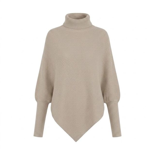JIANCHI Beige Turtleneck Batwing Sleeve Asymmetric Hem Knit Poncho Sweater Ladies New Design Knitwear Custom Size Logo Service Direct LK23056