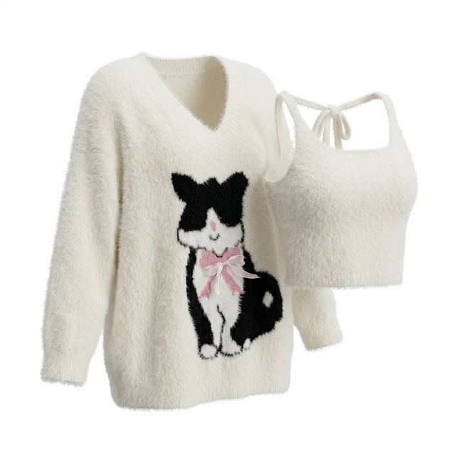 JIANCHI Cream Fuzzy Cat Intarsia V Neck Sweater and Cami Two Piece Set Women Fashion Loose Fit Private Label Custom Color Small MOQ LK23058