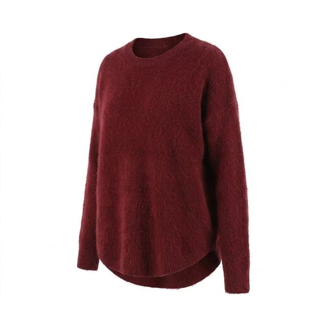 JIANCHI Burgundy Fuzzy Crew Neck Drop Shoulder Curved Hem Pullover Sweater Ladies New Design Knitwear Custom Size Logo Service Direct LK23059