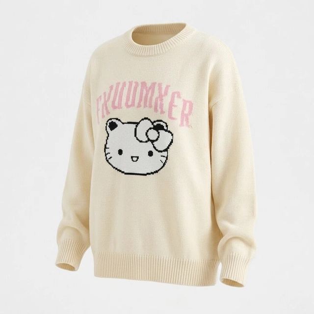JIANCHI Cream Cartoon Cat Graphic Round Neck Drop Shoulder Pullover Sweater Women Fashion Loose Fit Private Label Custom Color Small LK23061