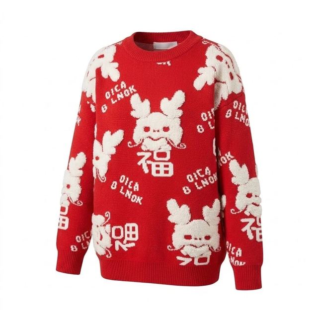 JIANCHI Red Cartoon Dragon Lucky Text Round Neck Pullover Knit Sweater for Women Winter Warm Casual Wear Custom Logo OEM ODM LK23066