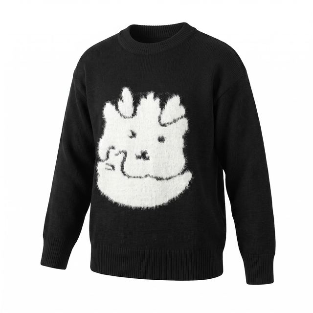 JIANCHI Black Fuzzy White Cat Face Graphic Round Neck Pullover Sweater for Women Winter Warm Casual Wear Custom Logo OEM ODM LK23069