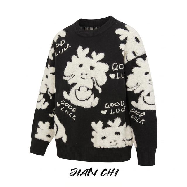 JIANCHI Black Good Luck Cartoon Dog Intarsia Round Neck Pullover Sweater Women Fashion Loose Fit Private Label Custom Color Small MOQ LK23070