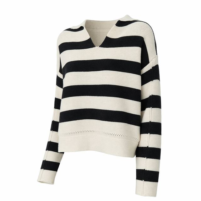 JIANCHI Black White Striped V Neck Long Sleeve Pullover Sweater Women Fashion Loose Fit Private Label Custom Color Small MOQ Factory LK24006