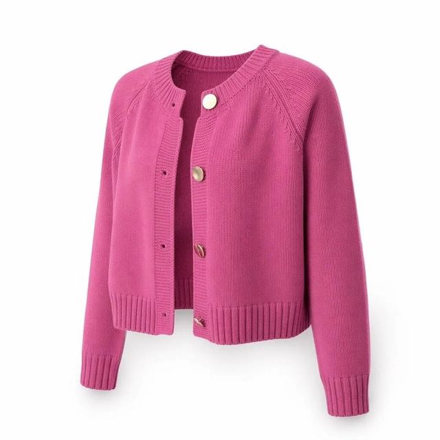 JIANCHI Magenta Cropped Round Neck Button Up Knit Cardigan for Women Winter Warm Casual Wear Custom Logo OEM ODM Manufacturer LK24008