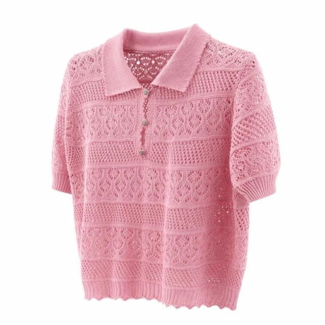 JIANCHI Pink Hollow Out Polo Collar Short Sleeve Knit Sweater for Women Winter Warm Casual Wear Custom Logo OEM ODM Manufacturer LK24011