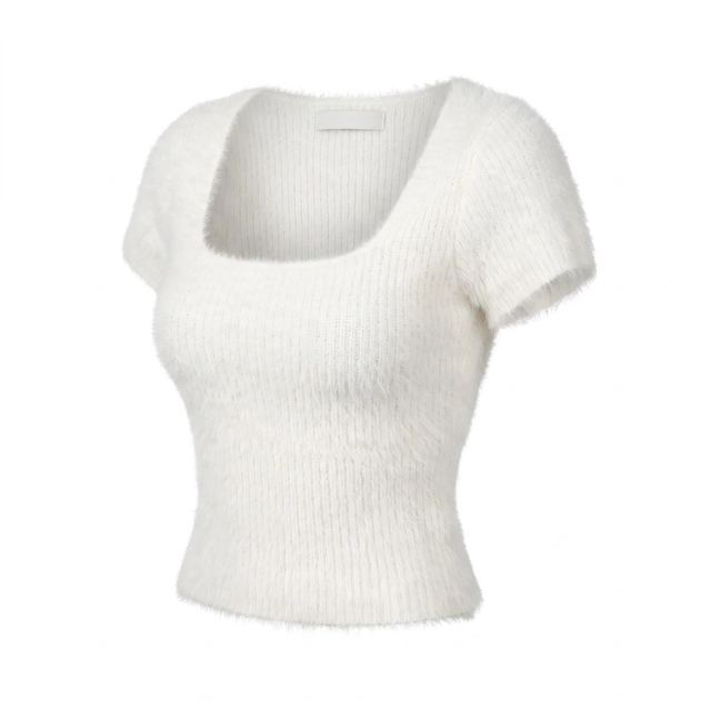 JIANCHI White Fuzzy Ribbed Square Neck Short Sleeve Knit Top Women Fashion Loose Fit Private Label Custom Color Small MOQ Factory LK24015