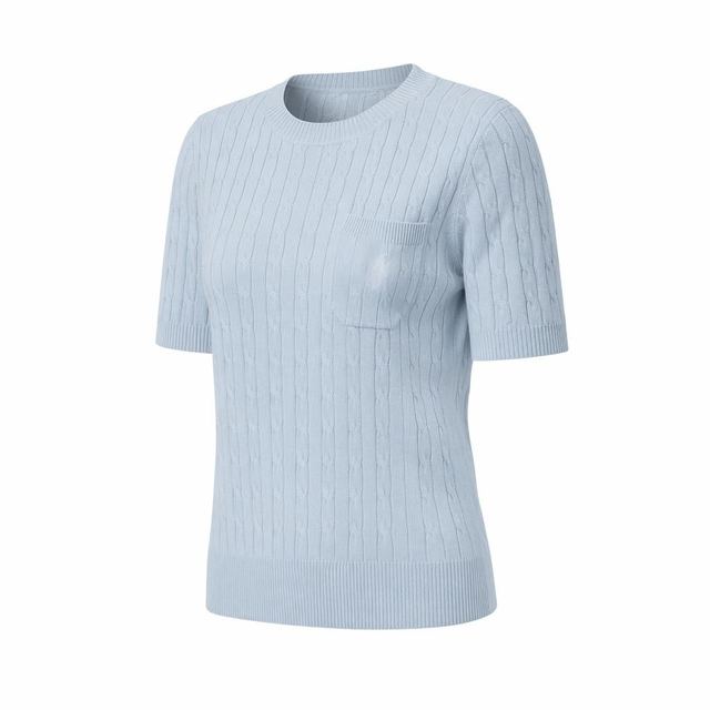 JIANCHI Light Blue Cable Knit Crew Neck Patch Pocket Short Sleeve Sweater Ladies New Design Knitwear Custom Size Logo Service Direct LK24016