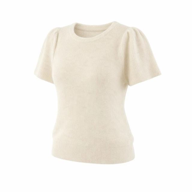 JIANCHI Cream Ribbed Puff Short Sleeve Crew Neck Knit Top for Women Winter Warm Casual Wear Custom Logo OEM ODM Manufacturer LK24017