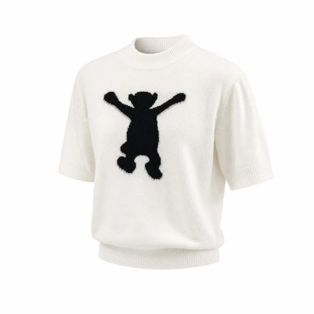 JIANCHI White Bear Intarsia Short Sleeve Crew Neck Knit Sweater Women Fashion Loose Fit Private Label Custom Color Small MOQ Factory LK24018