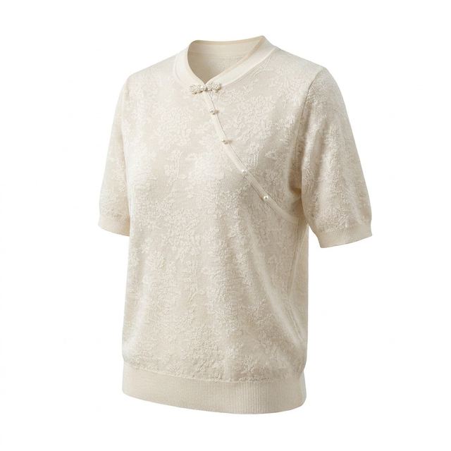 JIANCHI Beige Floral Jacquard Diagonal Placket Pearl Button Knit Top for Women Winter Warm Casual Wear Custom Logo OEM ODM Manufacturer LK24023