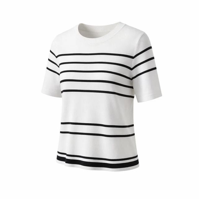 JIANCHI White Black Striped Short Sleeve Crew Neck Knit Tee for Women Winter Warm Casual Wear Custom Logo OEM ODM Manufacturer LK24029