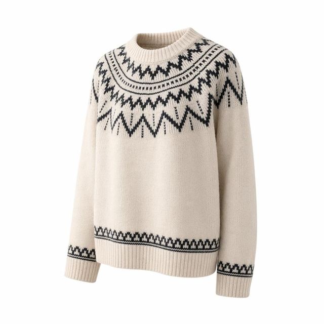 JIANCHI Beige Fair Isle Geometric Crew Neck Long Sleeve Knit Sweater Women Fashion Loose Fit Private Label Custom Color Small MOQ LK24036