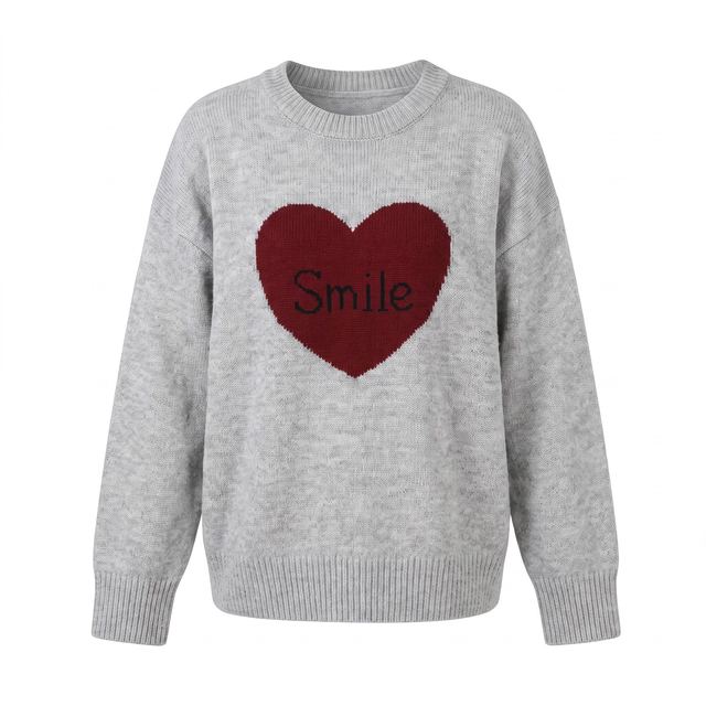 JIANCHI Gray Heart Smile Intarsia Crew Neck Long Sleeve Knit Sweater Women Fashion Loose Fit Private Label Custom Color Small MOQ LK24039
