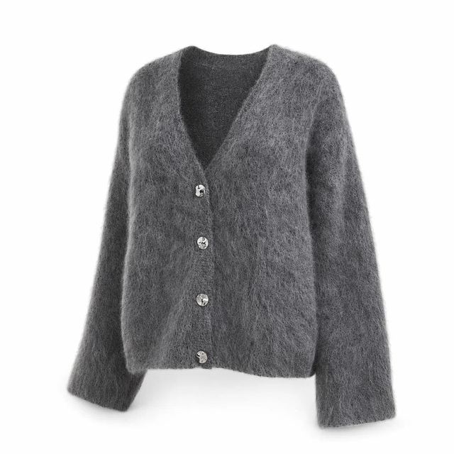 JIANCHI Dark Gray Fuzzy V Neck Button Front Knit Cardigan Ladies New Design Knitwear Custom Size Logo Service Direct Factory LK24040