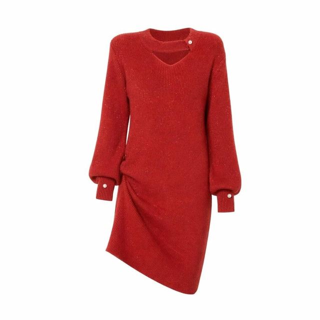 JIANCHI Red Cutout Neck Balloon Sleeve Asymmetric Hem Knit Sweater Dress Ladies New Design Knitwear Custom Size Logo Service Direct LK25003